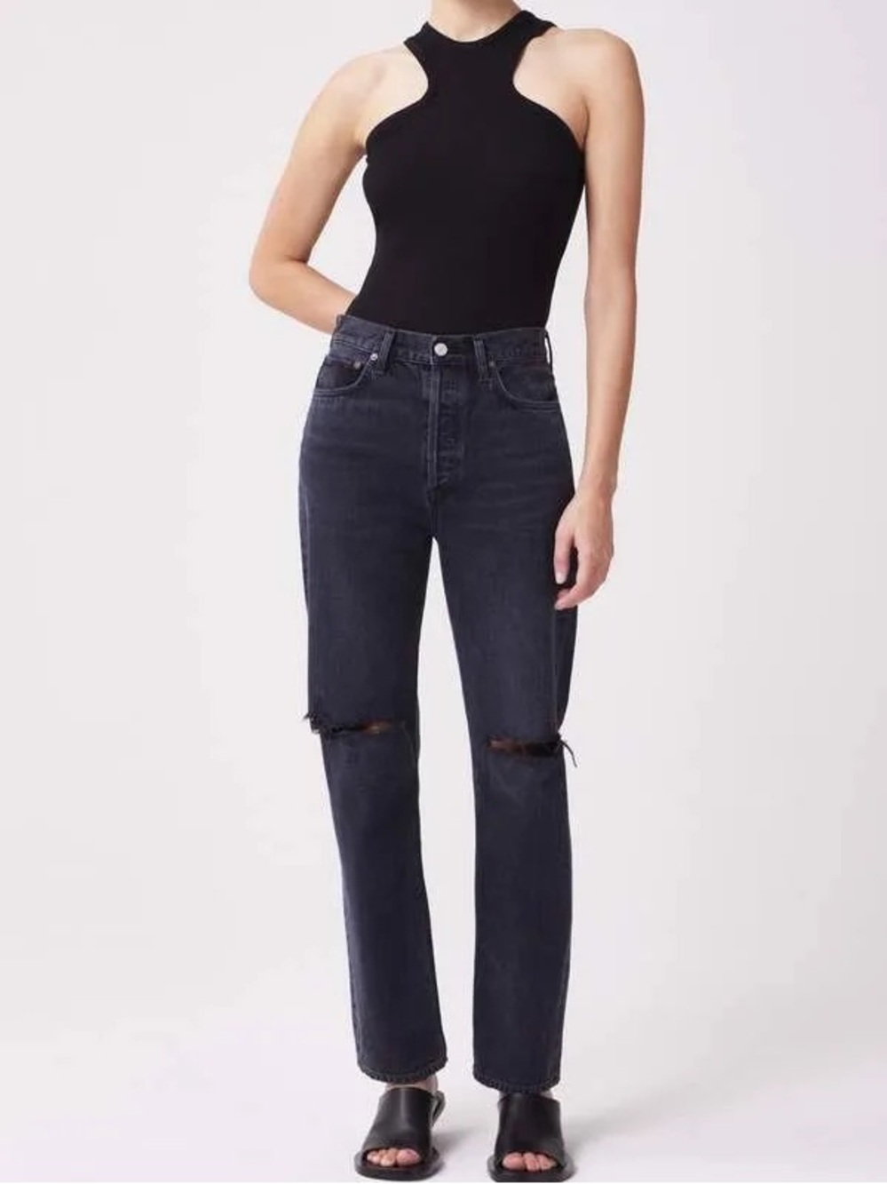 AGOLDE 90s Pinch Waist High Rise Straight Jeans Howl Distressed Black 27 - Picture 2 of 8